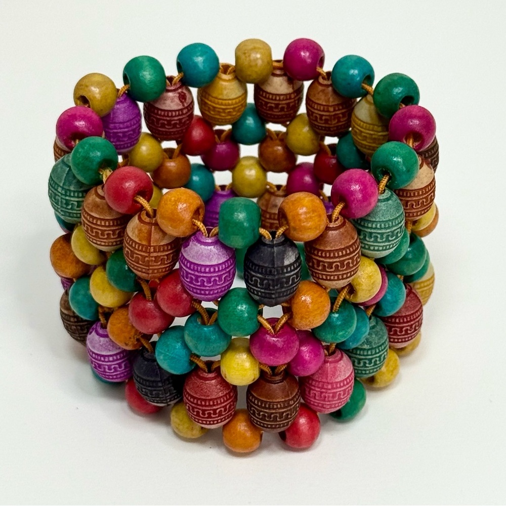 Colorful Jewel Tone Wood & Etched Resin Bead Bracelet Stretch Woven Boho Style